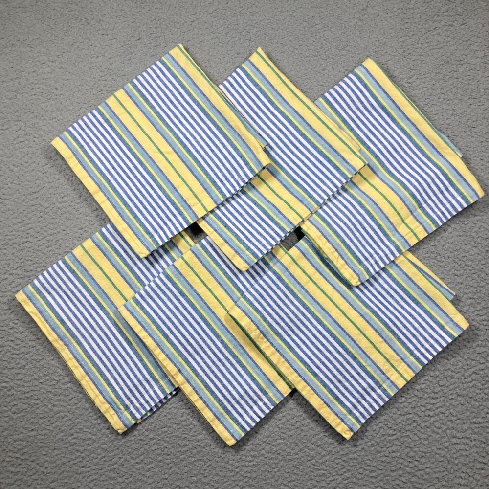 Crate & Barrel Seaside Napkins Yellow Blue Stripe Lot of 6 100% Cotton 18 inch